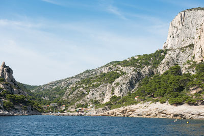 Scenic view of sea and mountains against sky