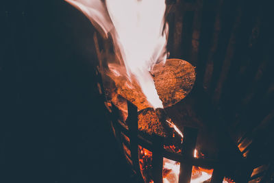 Close-up of fire on log at night
