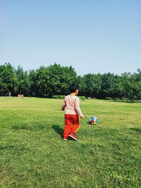 Rear view of baby standing on grassy field against clear sky