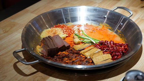 High angle view of food in plate on table