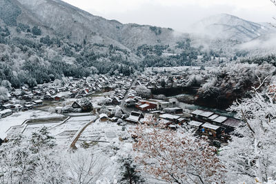 High angle view of snowcapped mountains during winter