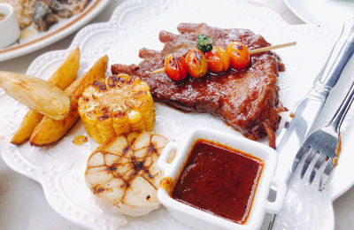 High angle view of food in plate