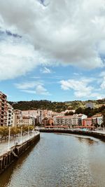 Bridge over river by buildings against sky