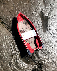 High angle view of red umbrella on wall