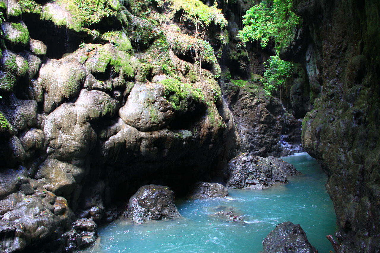 water, rock - object, beauty in nature, rock formation, nature, rock, scenics, tree, tranquility, sea, day, tranquil scene, high angle view, outdoors, forest, motion, flowing water, waterfront, no people, idyllic