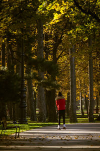 Rear view of woman walking on road in forest