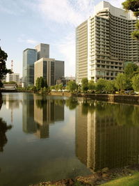 Reflection of buildings on lake in city