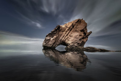 Close-up of rock in lake against sky