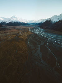 Scenic view of snowcapped mountains against clear sky