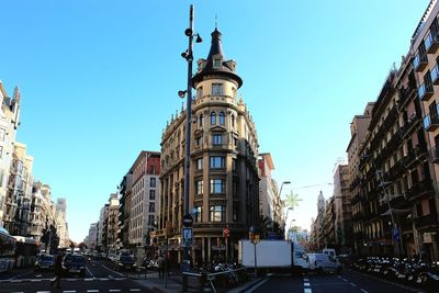 Traffic on road amidst buildings in city against sky