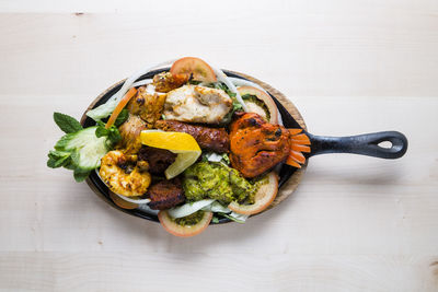 High angle view of food in plate on table