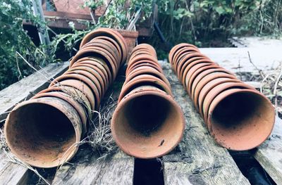 Close-up of rusty pipe on field
