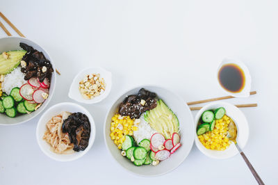 High angle view of breakfast served on table