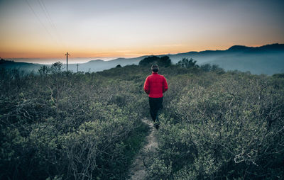 Rear view of woman on landscape against sky