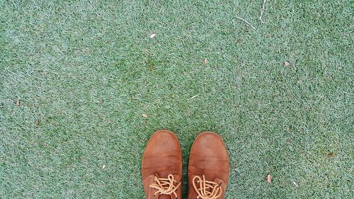 Close-up of shoes on field