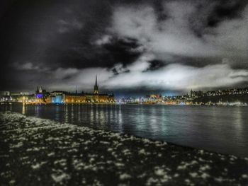 View of city at waterfront against cloudy sky