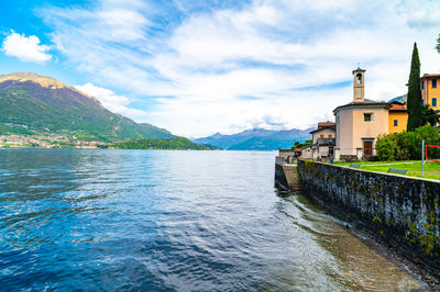 The village of lezzeno and panorama of lake como, photographed during the day in spring.