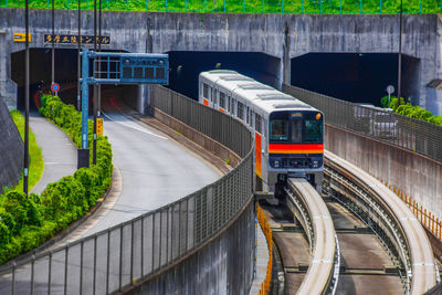 High angle view of train on railroad station