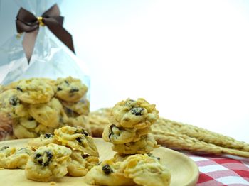 Close-up of cookies against white background