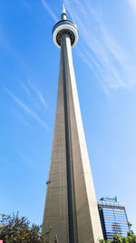 Low angle view of modern building against blue sky