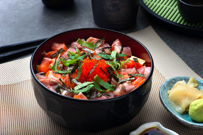 High angle view of salad in bowl on table