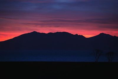 Scenic view of mountains against sky at sunset