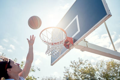 Low angle view of basketball hoop against sky