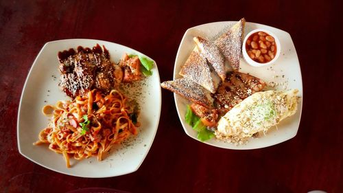 High angle view of food served on table