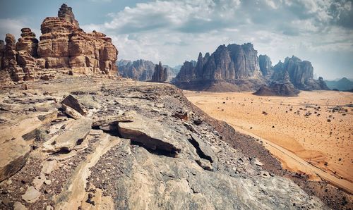 Rock formations on landscape against sky