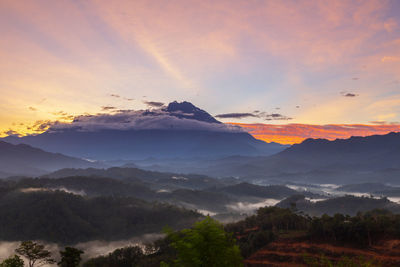 Scenic view of mountains against sky during sunset