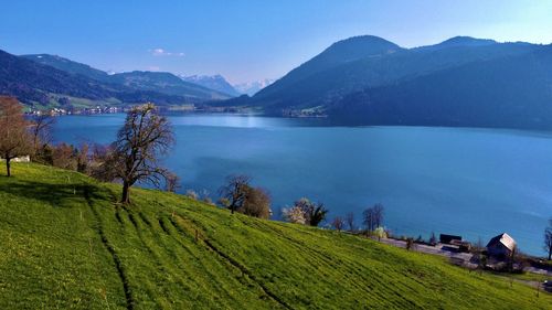 Scenic view of lake and mountains against sky