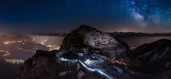 Panoramic view of snowcapped mountains against sky at night