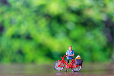 Rear view of man riding bicycle