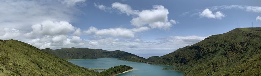 Panoramic view of lake and mountains against sky