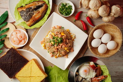 High angle view of breakfast on table