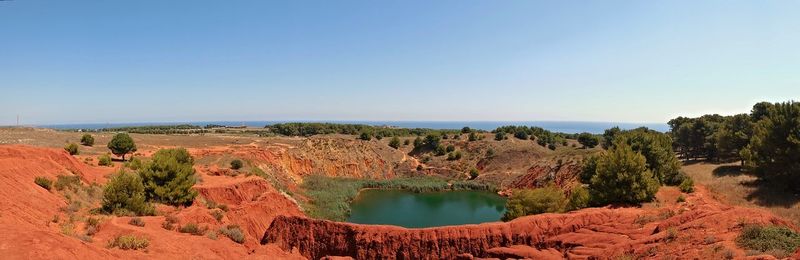 Panoramic view of rock formations against clear sky