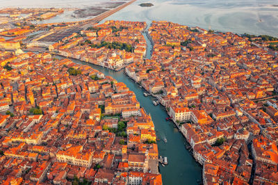 Incredible cityscape venice and venetian lagoon. venice grand canal and buidings from drone, italy