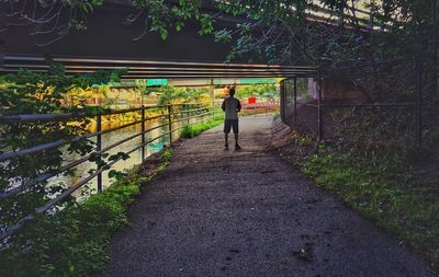 Rear view of people walking on road