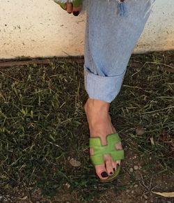 Low section of man standing on grass