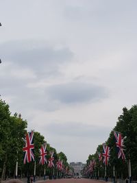 Low angle view of flags against sky