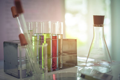 Close-up of beaker and test tubes with liquid in laboratory