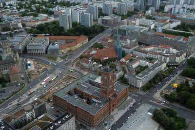 High angle view of street amidst buildings in city