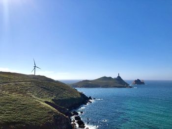 Scenic view of sea against clear blue sky