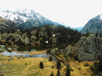 Scenic view of lake and mountains against sky