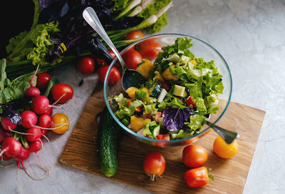 High angle view of vegetables on table