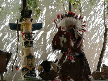 Low angle view of cross hanging on tree