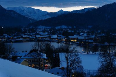 View of town in the mountains at dusk