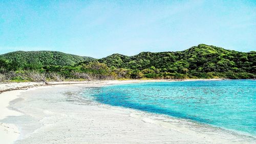 Scenic view of sea against clear blue sky