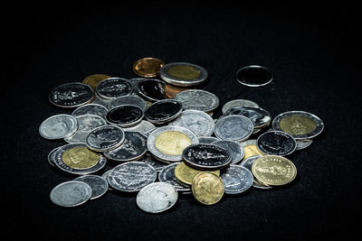 High angle view of coins on table