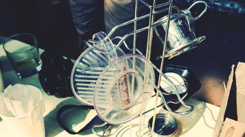 High angle view of wine glass on table